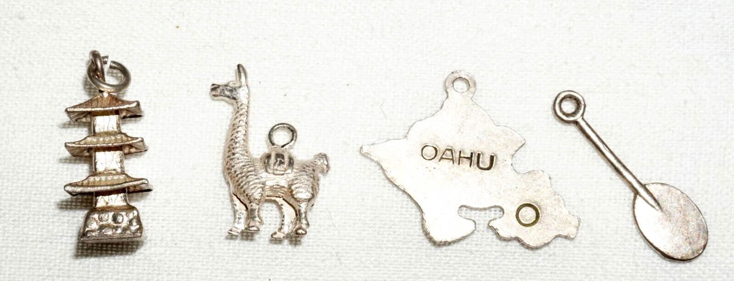 4Pc Vintage Silver Hawaii & World Mini Pendants Charms Oahu Paddle etc (BrM) L17
