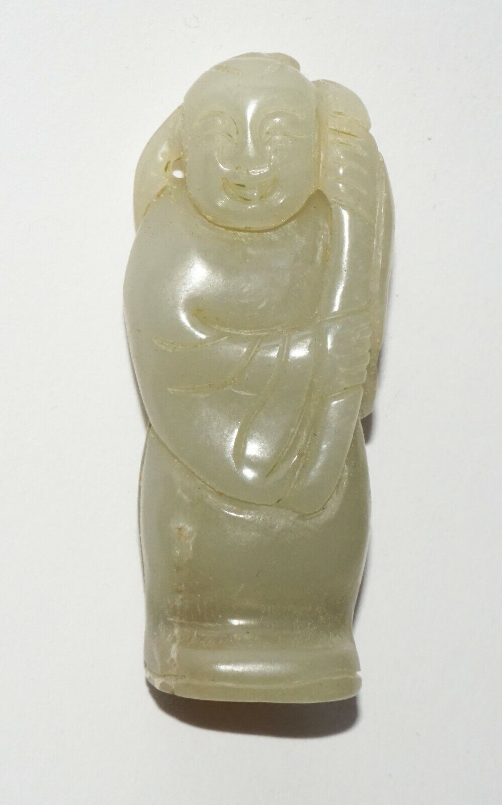 Vintage Chinese Pierced Nephrite Carved Standing Figure Holding Lingzhi (LeS) G3