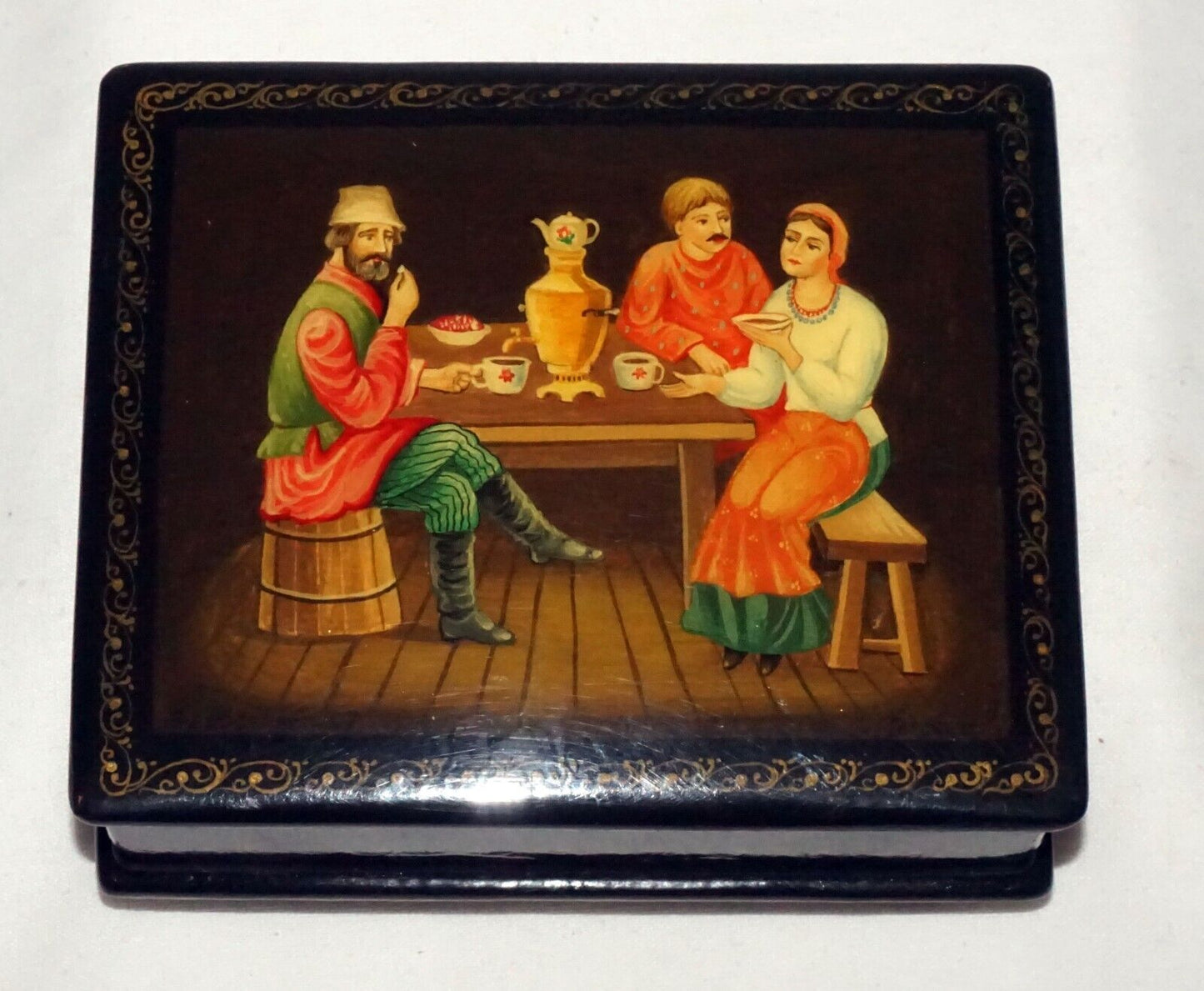 Vintage Russian Lacquer Box Three Figures Seated Around a Table signed (AHB)