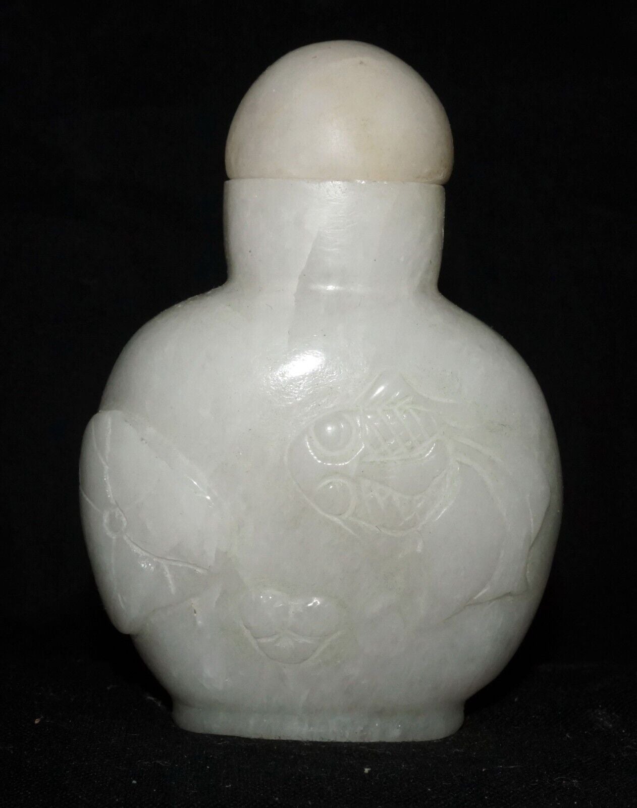 Vintage Chinese White Jadeite Jade Carved Snuff Bottle w Goldfish Motif(LeS) G11