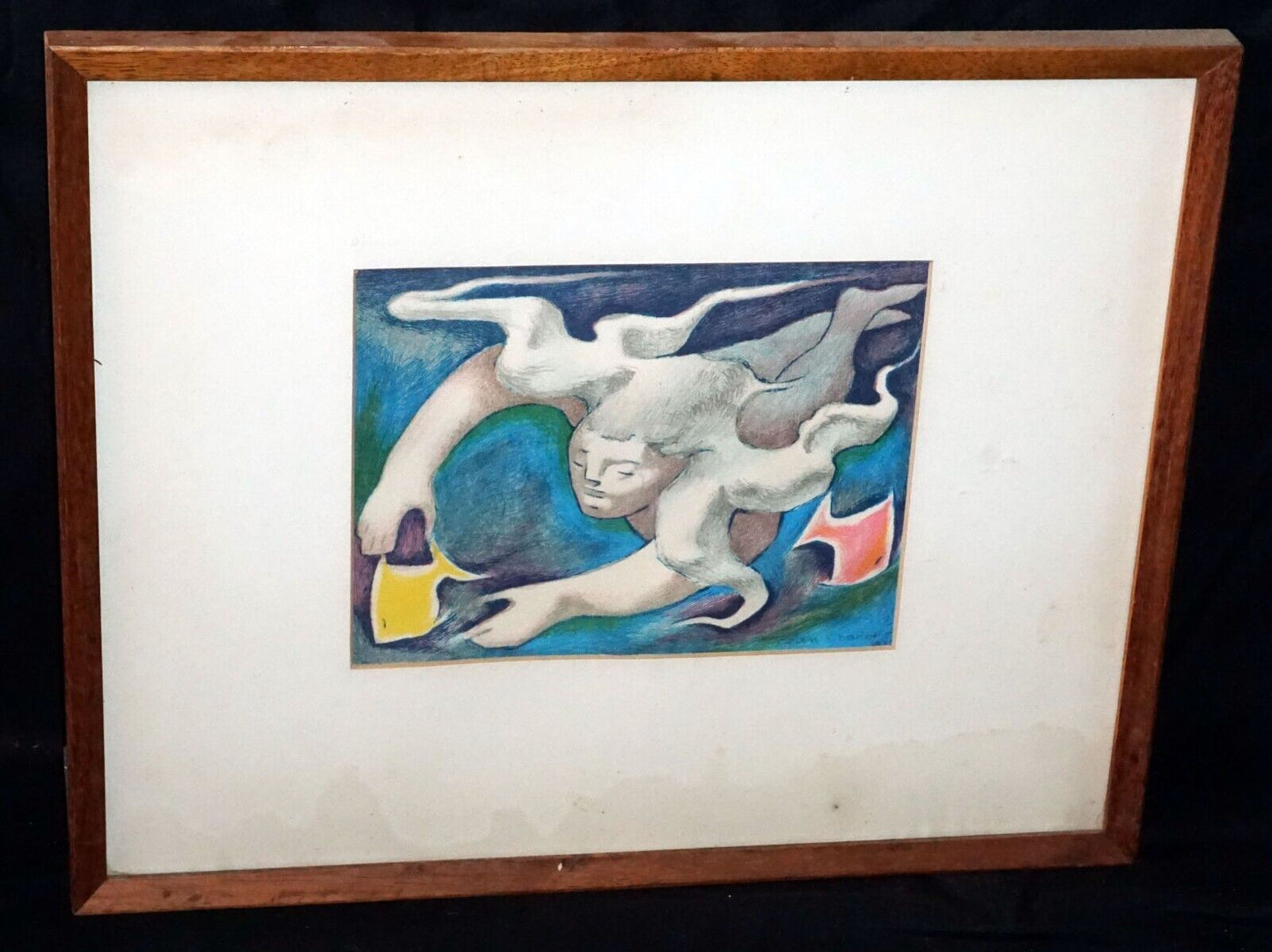 '72 Hawaii Framed Block Print Hawaiian Swimmer by Jean Charlot (1898-1979)(KiB)