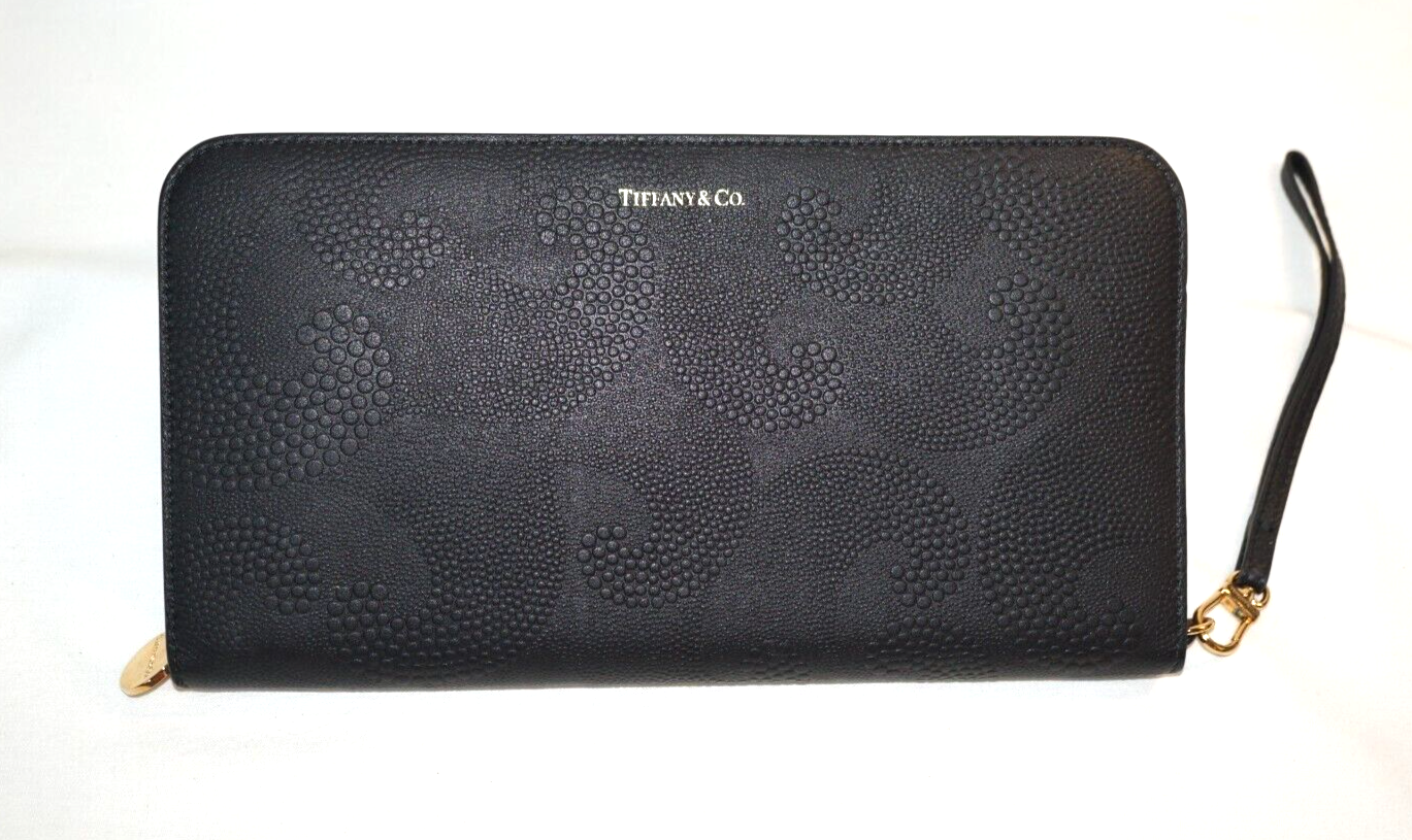 Tiffany & Co. Black Wave Embossed Continental Leather Zip Wallet (InS)52