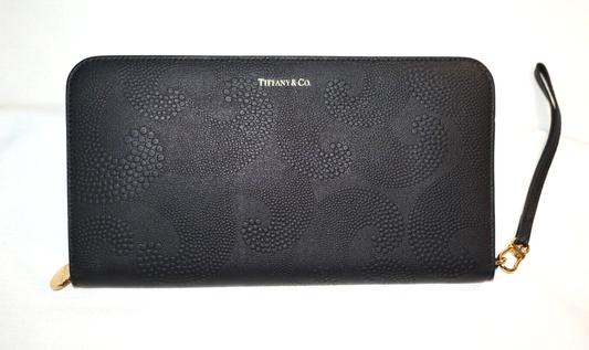 Tiffany & Co. Black Wave Embossed Continental Leather Zip Wallet (InS)52