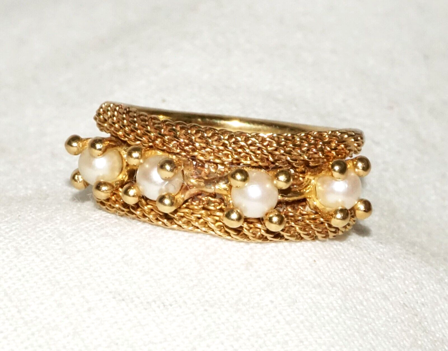 Vintage Yellow Gold Ring Sz.5 w. Woven Accent set w. 4x Pearls (BeM)#3