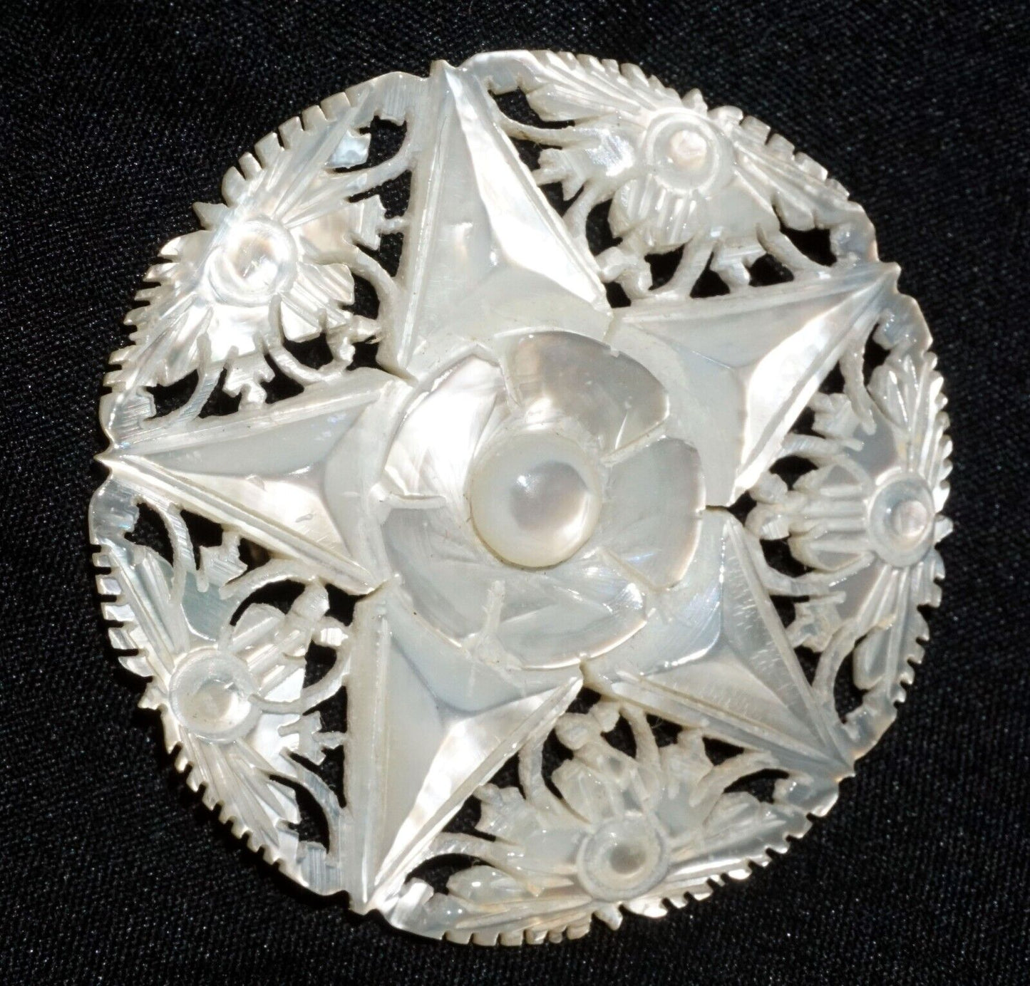 Vintage Mother of Pearl Carved Pierced Star Design Flower Motif Brooch (JoD)