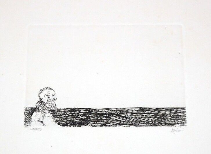 '60s US NY Etching Print "Rabbi in Solitude" by Leonard Baskin (1922-2000)(Mod)