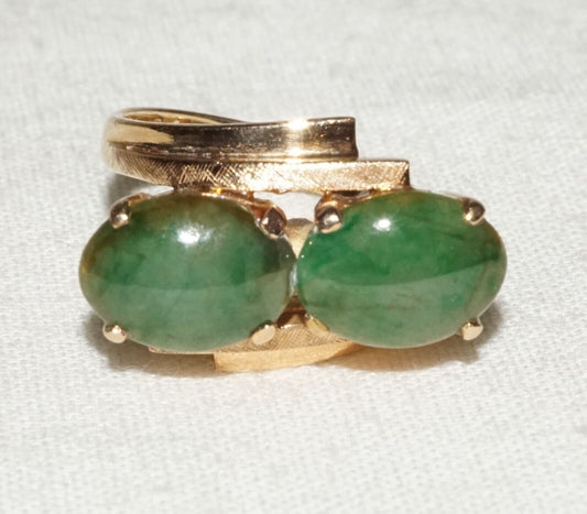 Chinese 14k Yellow Gold Ring Sz.5.25 2x Jadeite Jades TY Lee Honolulu (FeD)