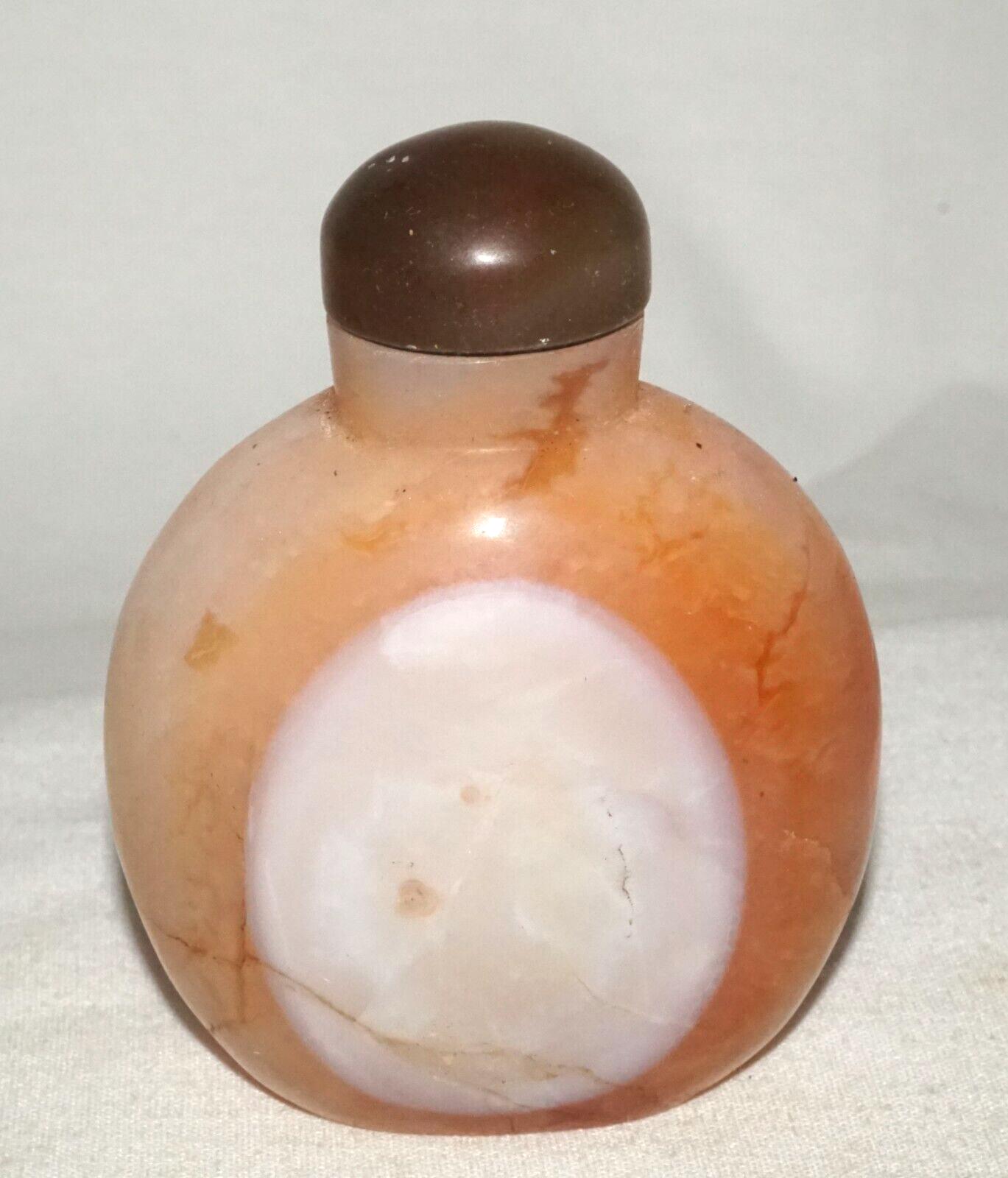 Vintage Chinese Orange & White Agate Snuff Bottle w. Stone Stopper (FeH)