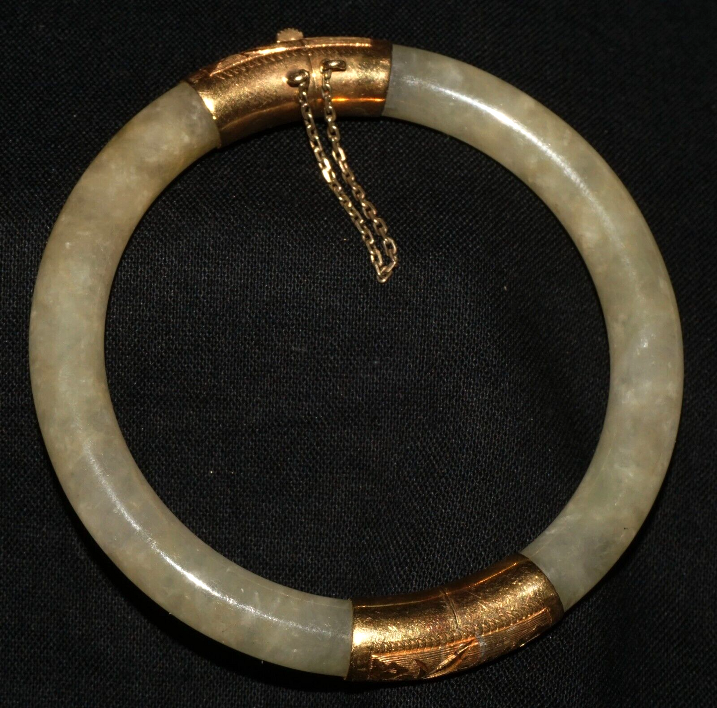 Vtg Chinese Semi Translucent Yellow Jade 14k Gold Hinged Bangle Bracelet (CoM)