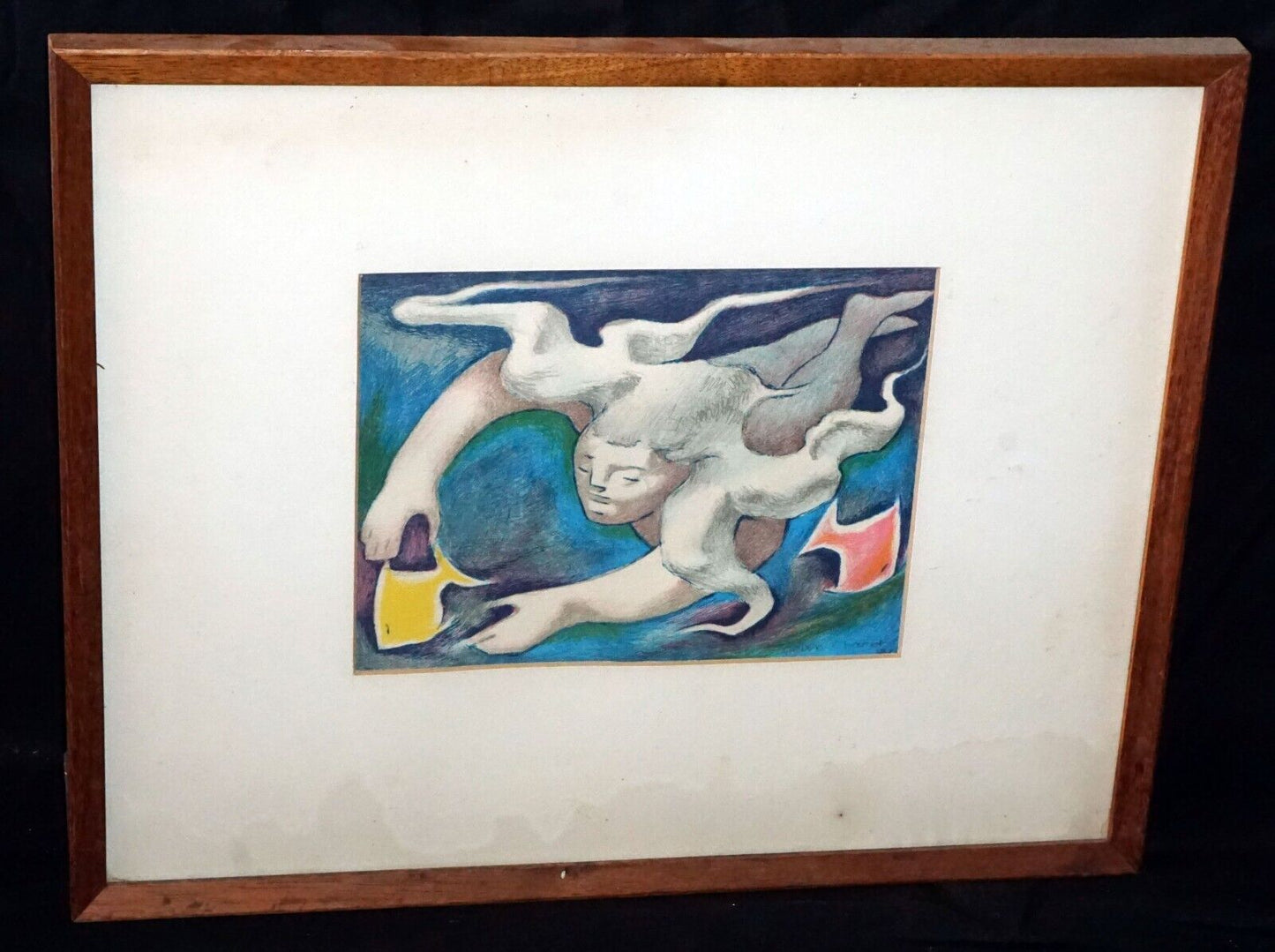 '72 Hawaii Framed Block Print Hawaiian Swimmer by Jean Charlot (1898-1979)(KiB)