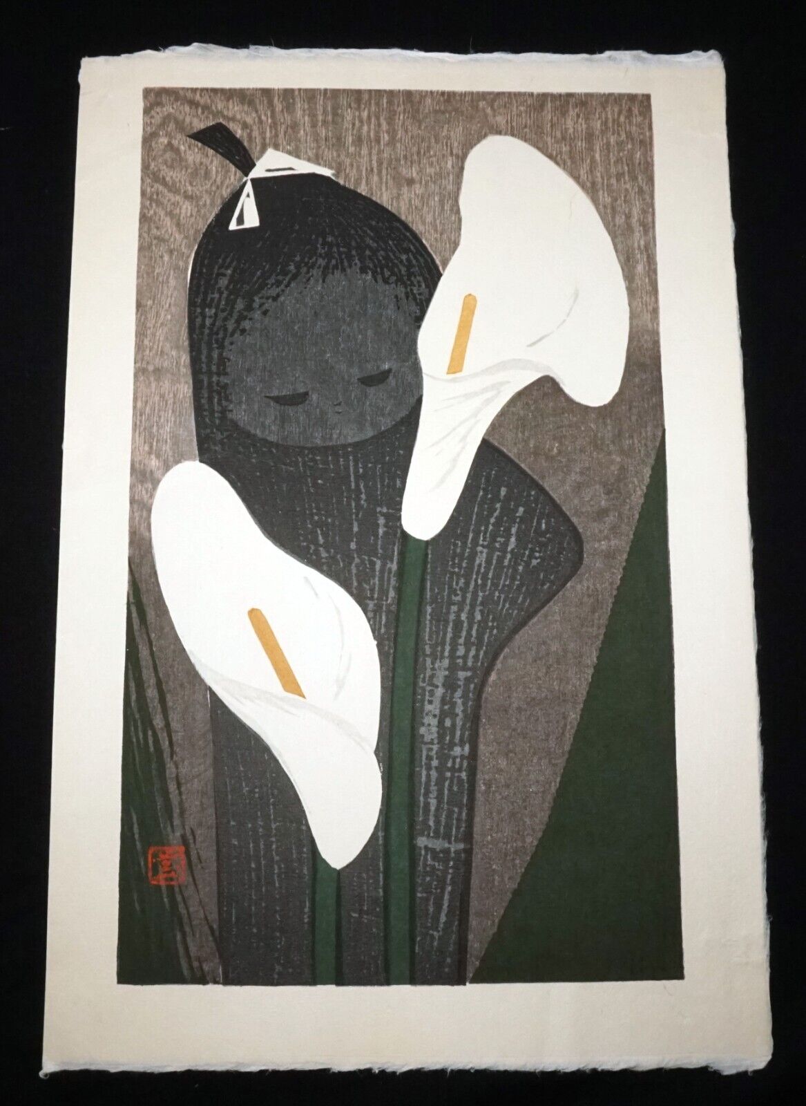 1950s Japanese Woodblock Print Girl & Anthuriums Kawano Kaoru (1916-1965)(KiL)4