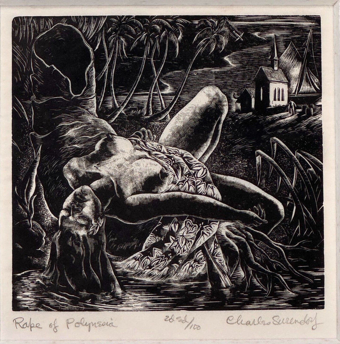 1939 Tahitian Woodcut by Charles Surendorf "The Rape of Polynesia" 20/100 (KuK)