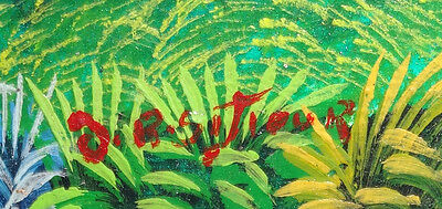 1980's Haitian Acrylic Mini Painting "Blue Jungle Rd" by illegible signed (Stea)