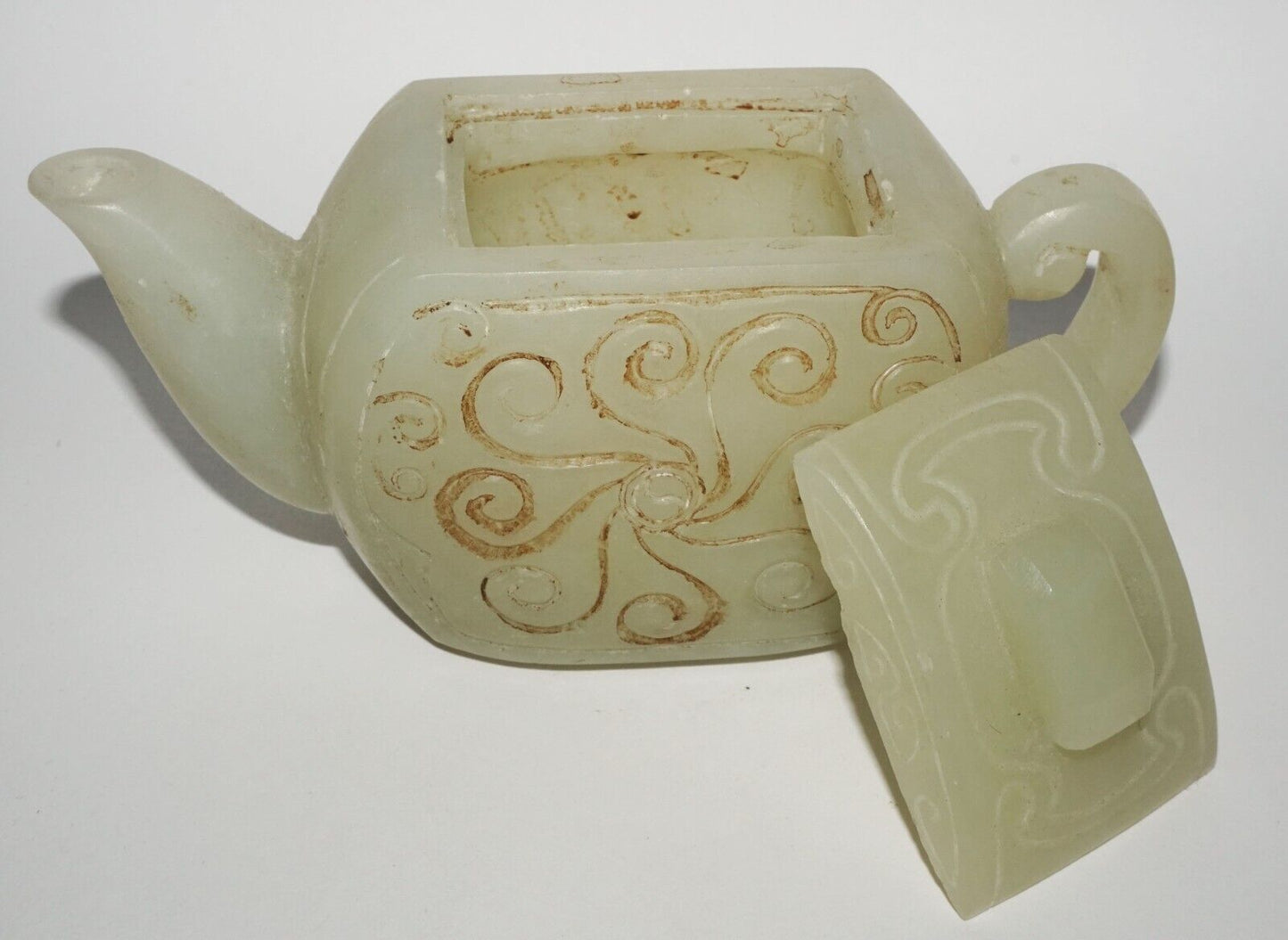 Vintage Chinese Nephrite Jade Carved Tea Pot w Incised Curvilinear Motifs (LeS)