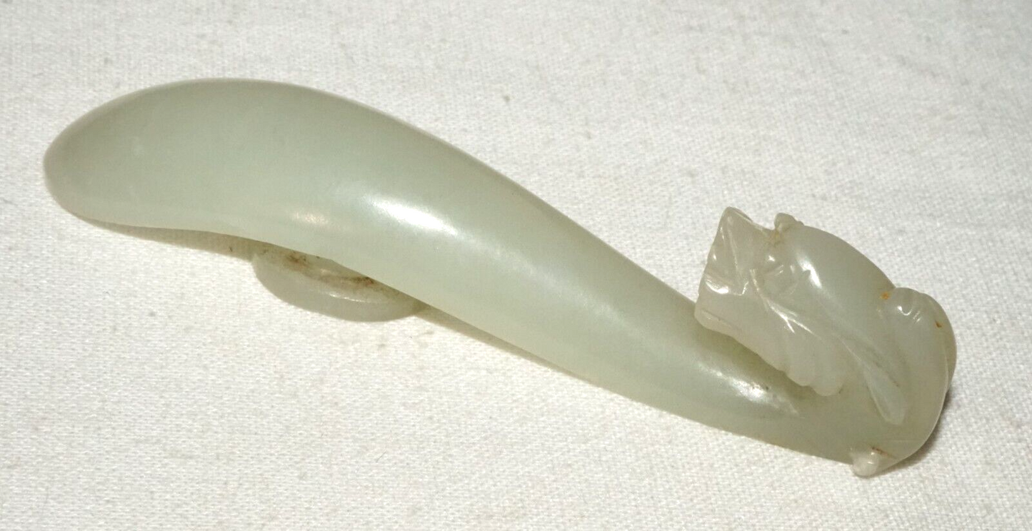 Antique Chinese Grey Green Nephrite Jade Dragon Belt Hook (UVi)#19