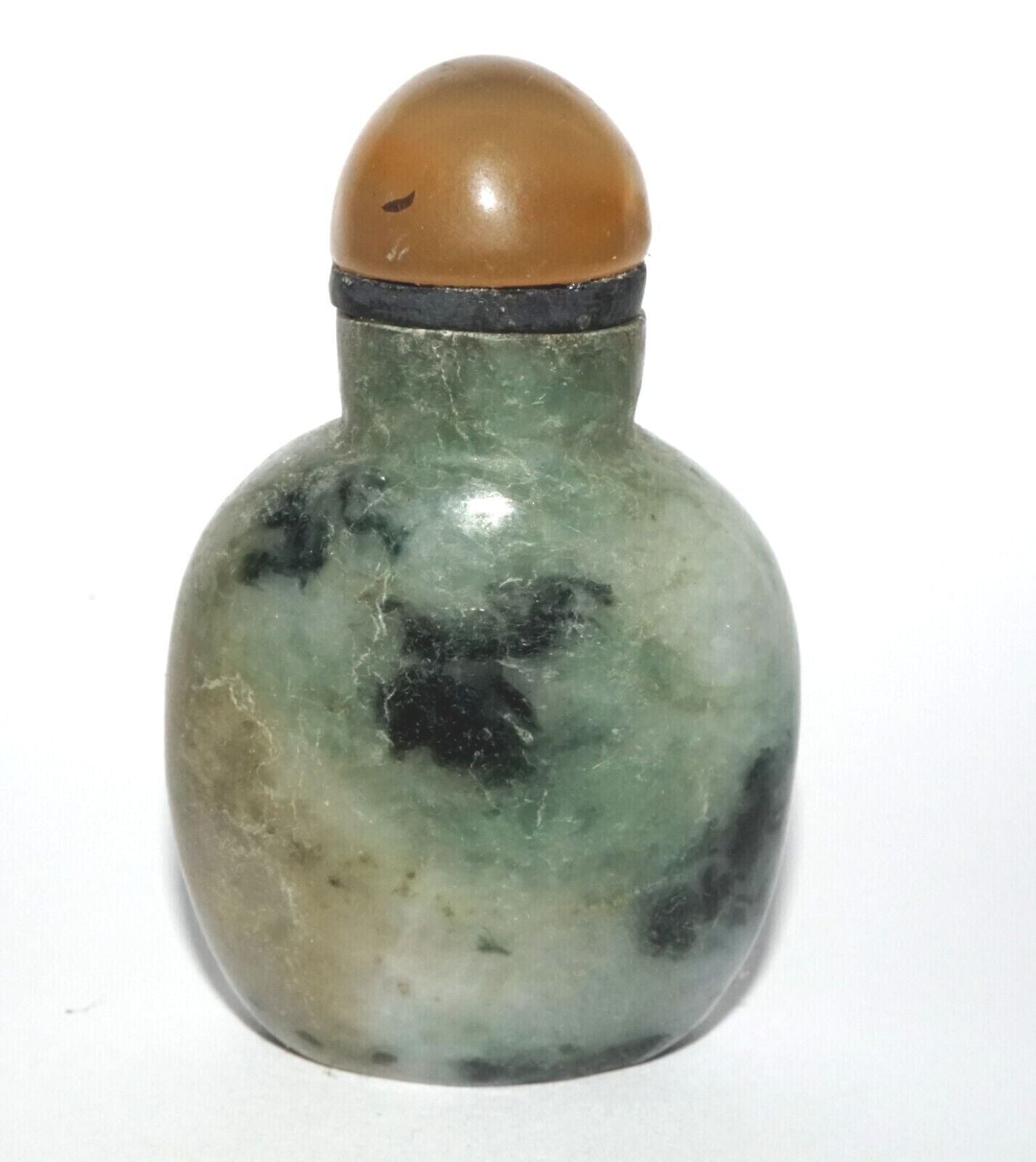 Vintage Chinese Jadeite Jade Carved Snuff Bottle w. Agate Stopper (LeS) G12