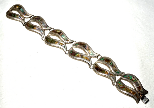 Vintage Mexican Modernist Sterling Silver & MoP Link Bracelet by DHS (TuD)