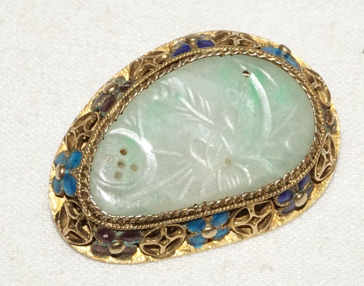 Antique Chinese Silver Filigree & Enamel Brooch set w. Jadeite Jade (InS)#L1-2