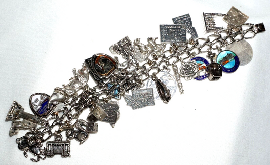 Vintage Sterling Silver Charm Bracelet w. 40x Travel & US State Charms (BrM)#6