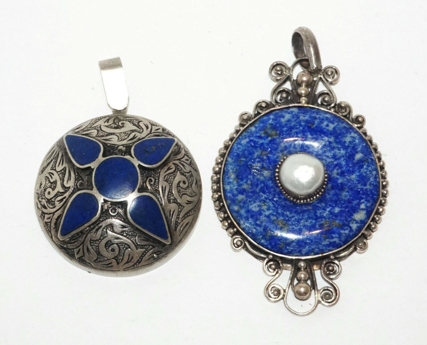 2Pc Vintage Sterling Silver Pendants w. Lapis Lazuli & Sodalite & Pearl (HaL)#18