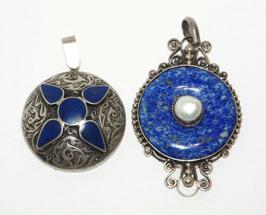 2Pc Vintage Sterling Silver Pendants w. Lapis Lazuli & Sodalite & Pearl (HaL)#18