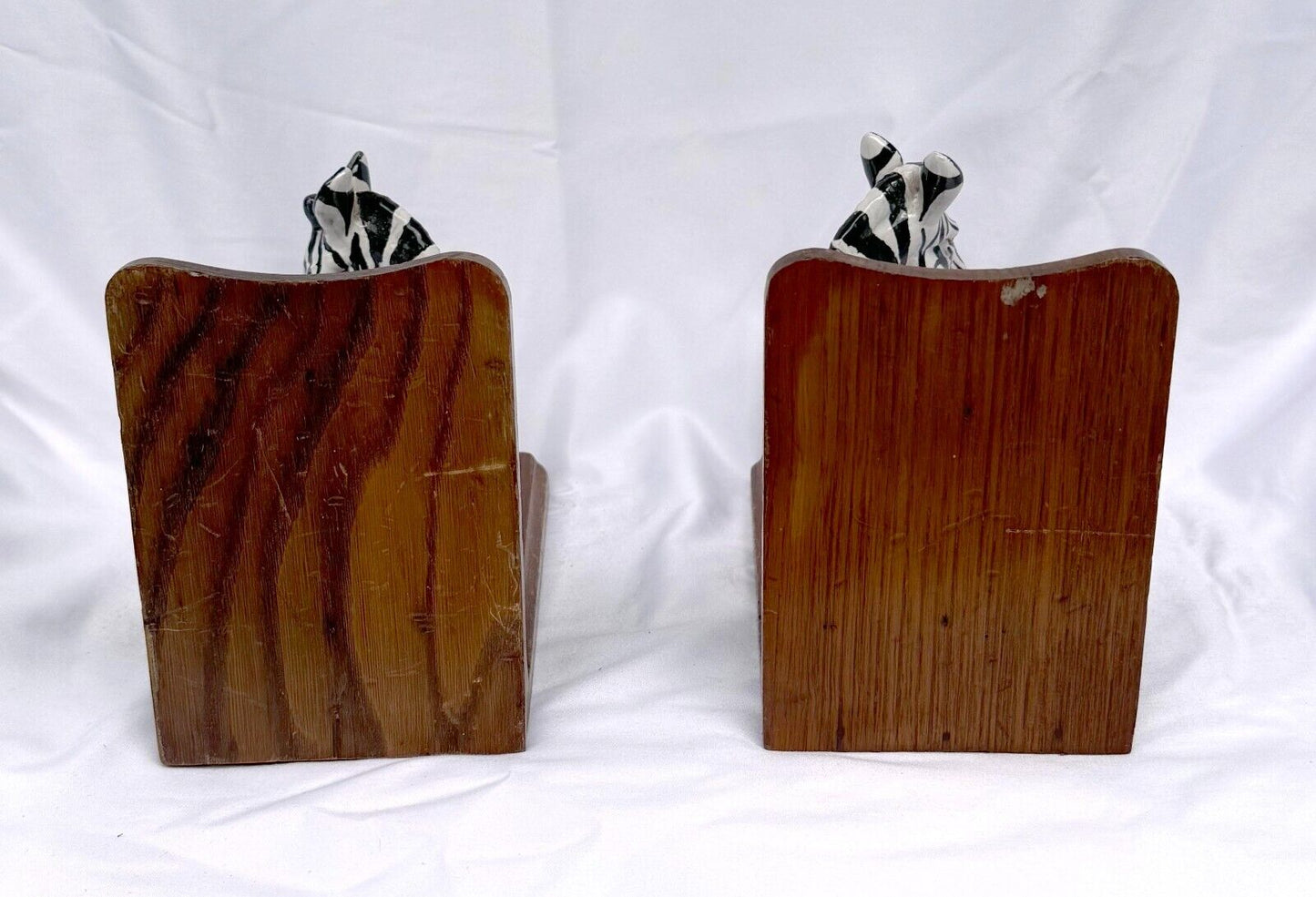 Vintage Hand-Painted Ceramic & Wood Zebra Bookends (SmM)