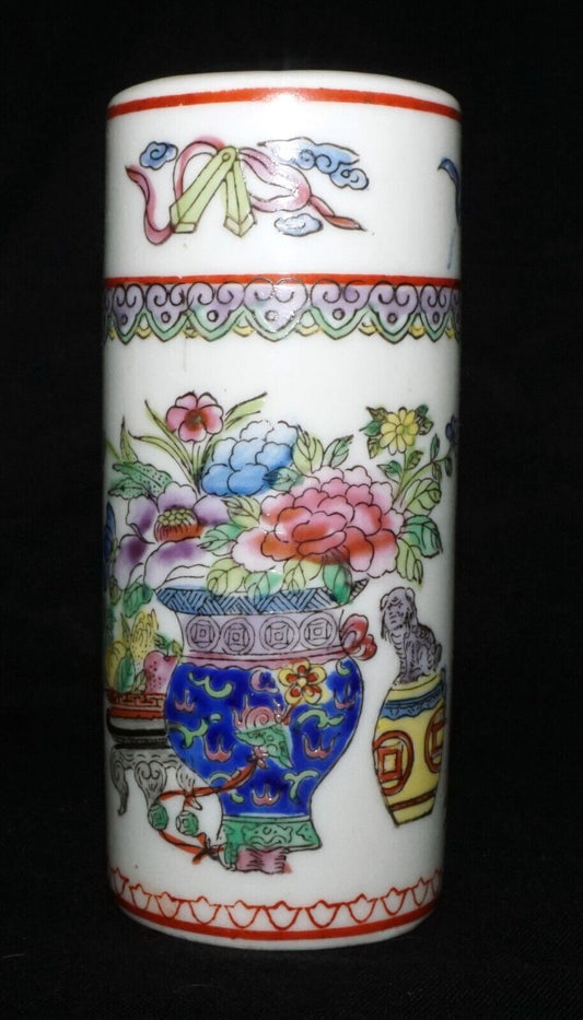 Vintage Chinese Mini Brush Pot w. Auspicious Motifs in Multicolor Enamels (LeD)