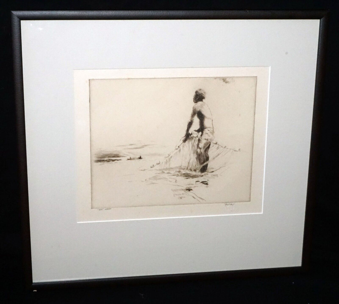 1934 Hawaii Etching Print "Huki" Net Fisherman by John M. Kelly (1879-1962) (+)