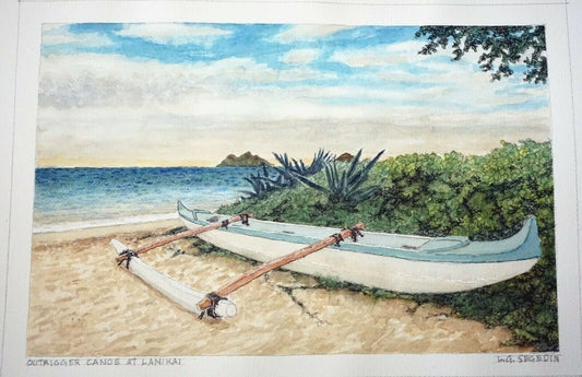 Hawaii Watercolor Painting Outrigger Canoe at Lankai Beach by Larry Segedin #169