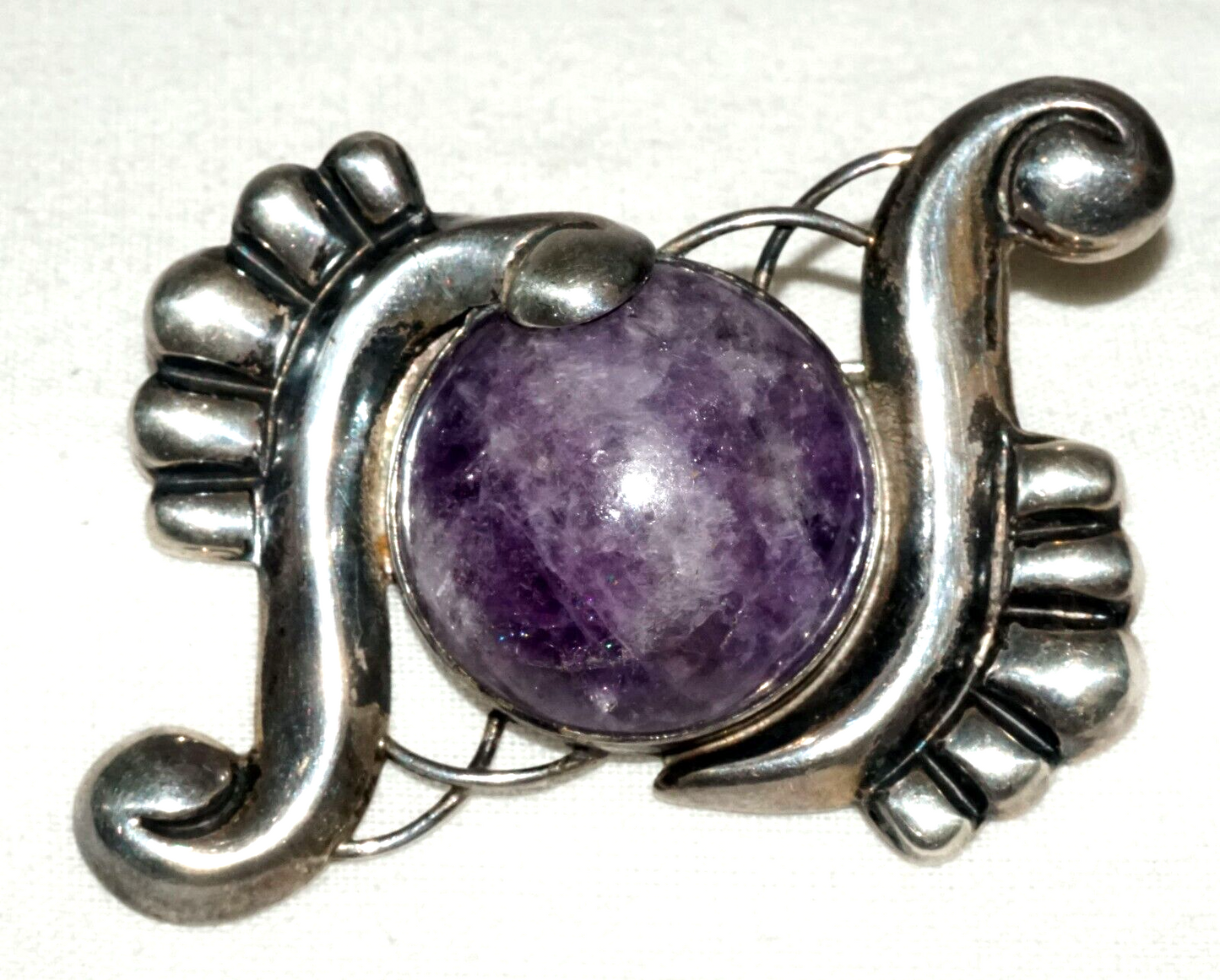 Vtg Mexican Modernist Sterling Silver Scroll Motif & Amethyst Brooch (KoS) L10