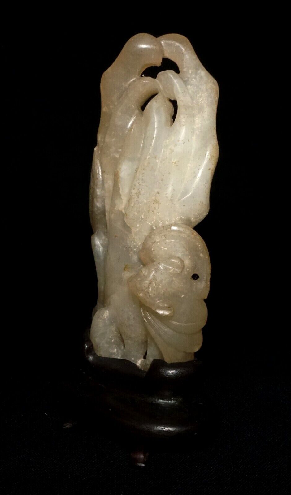 Antique Chinese Yellow Jade Buddha Hand Lemon & Bat Carving Fitted Stand (FeH)