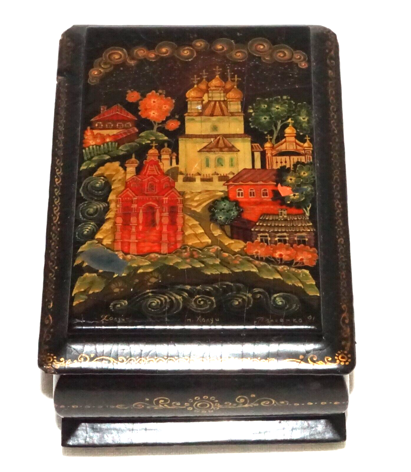 Vintage Russian Lacquer Box Church & Village Motif signed (AHB