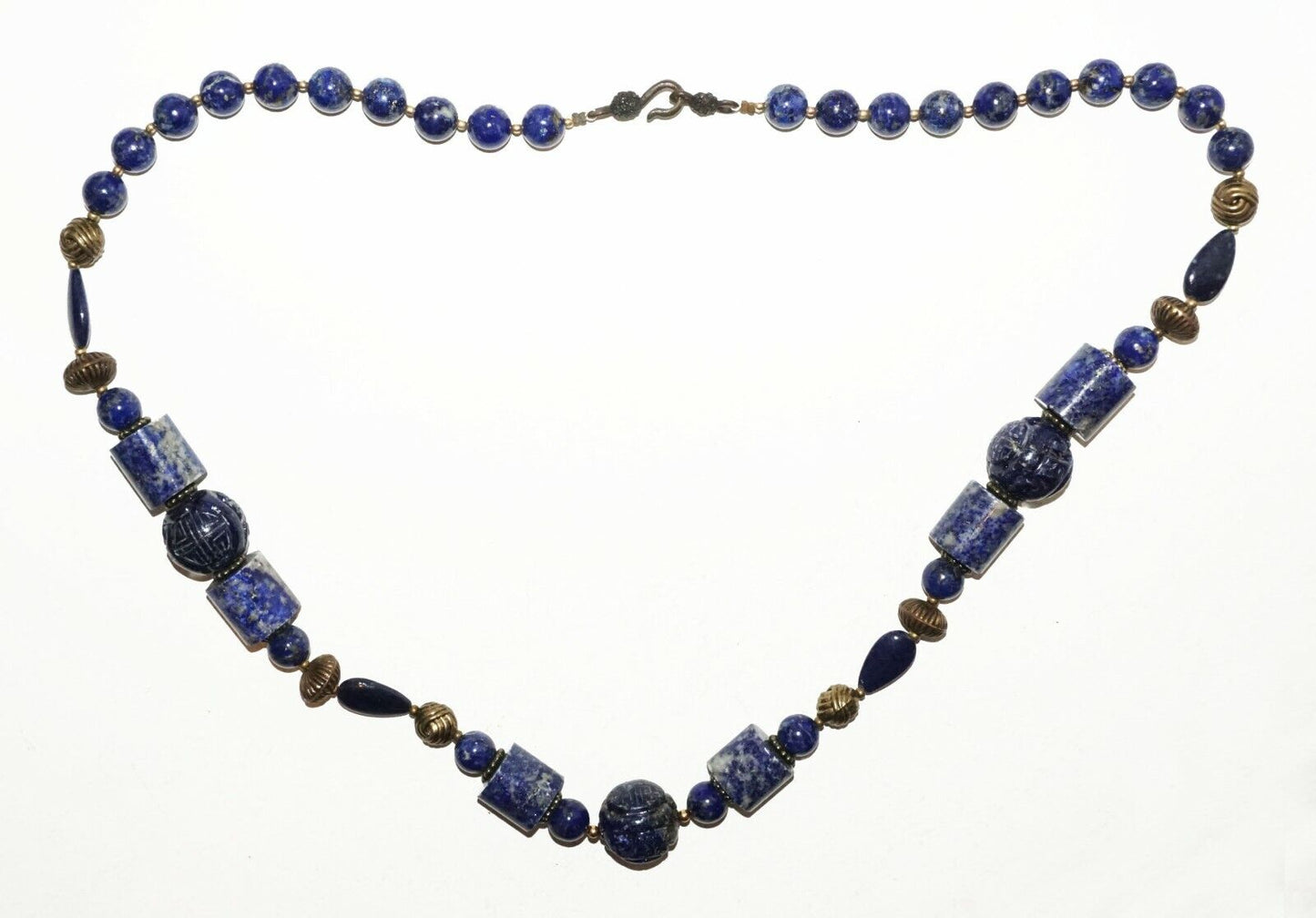 Vintage Chinese Lapis Lazuli Bead Necklace w. Plain & Carved Beads (HaY)#18