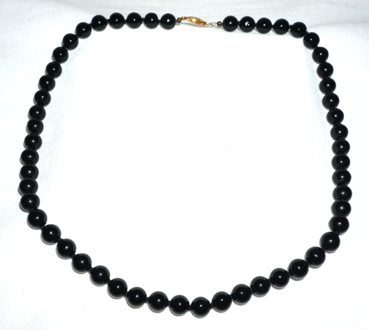 Vintage Chinese Onyx Bead Necklace 23" w. Gold Plated Clasp (BrM)