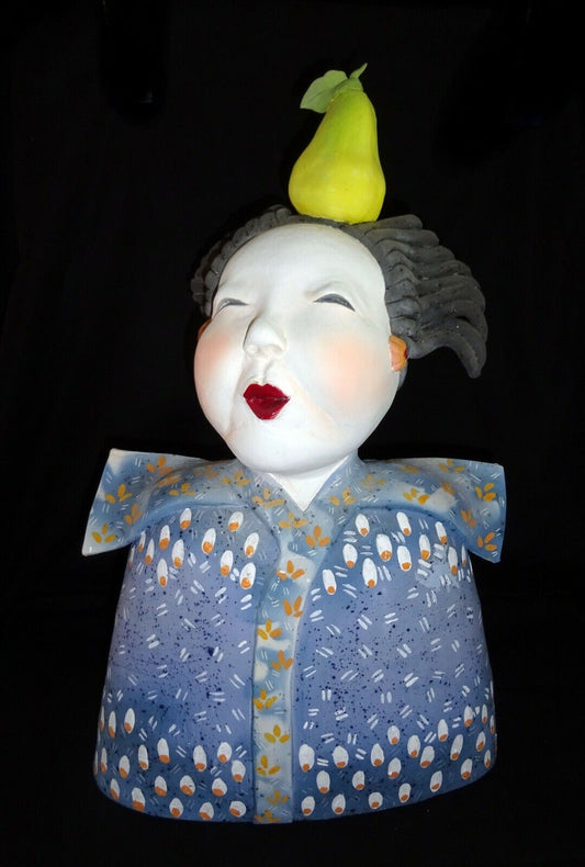 Hawaii Whimsical Pottery Sculpture "Balancing Act w. Pear" by Vicky Chock (Z)