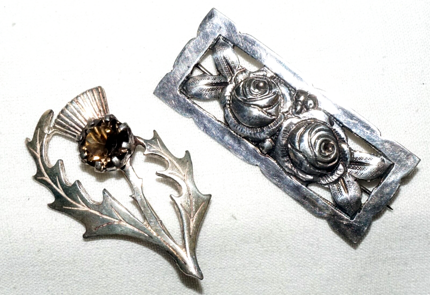 2Pc Vintage US/Scotland Sterling Silver Thistle & Quartz & Rose Brooch (KoS) L10