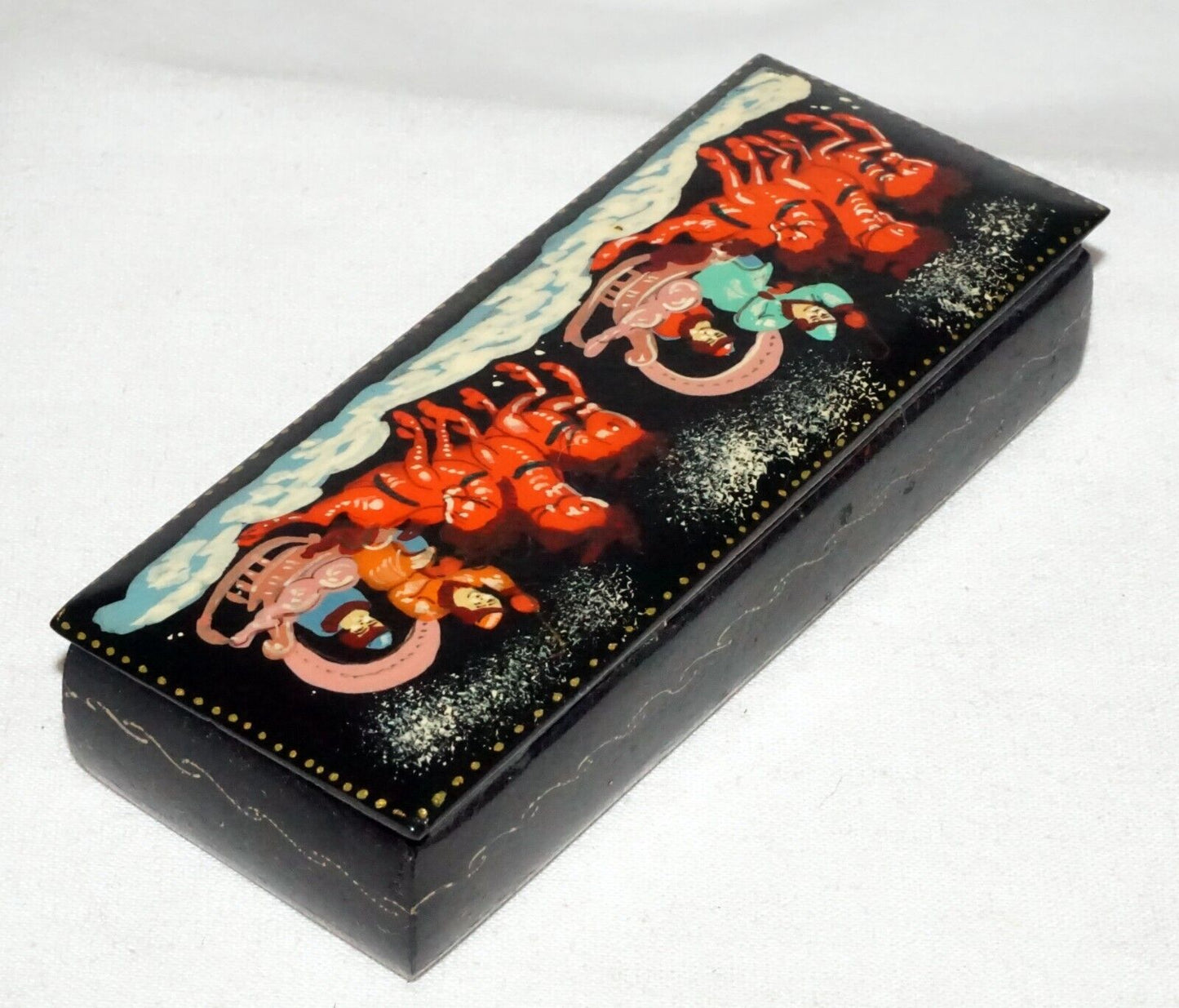 Vintage Russian Lacquer Box Two Horse Drawn Sleighs & Figures signed (AHB)