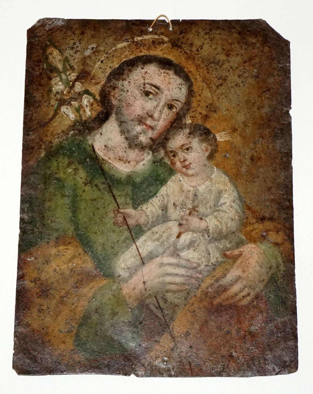 18/19C Russian Religious Icon Folk Painting on Tin Joseph & Baby Jesus (MeE)