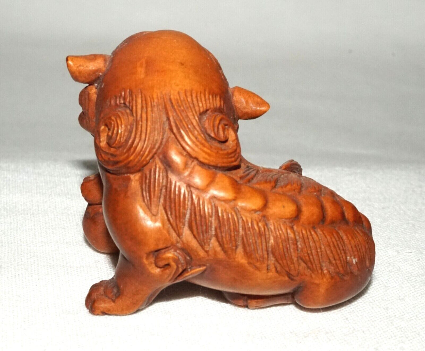 Vintage Japanese Wooden Carved Netsukes Lion Dog w. Ball Motif Signed (FeH