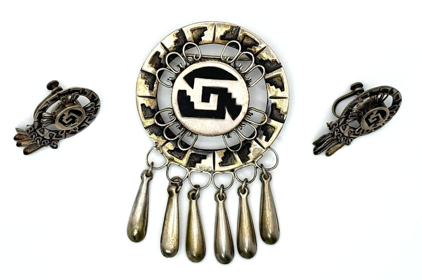 1950s Mexican Sterling Silver Pin & Non-Pierce Earrings Aztec Design (MiM)