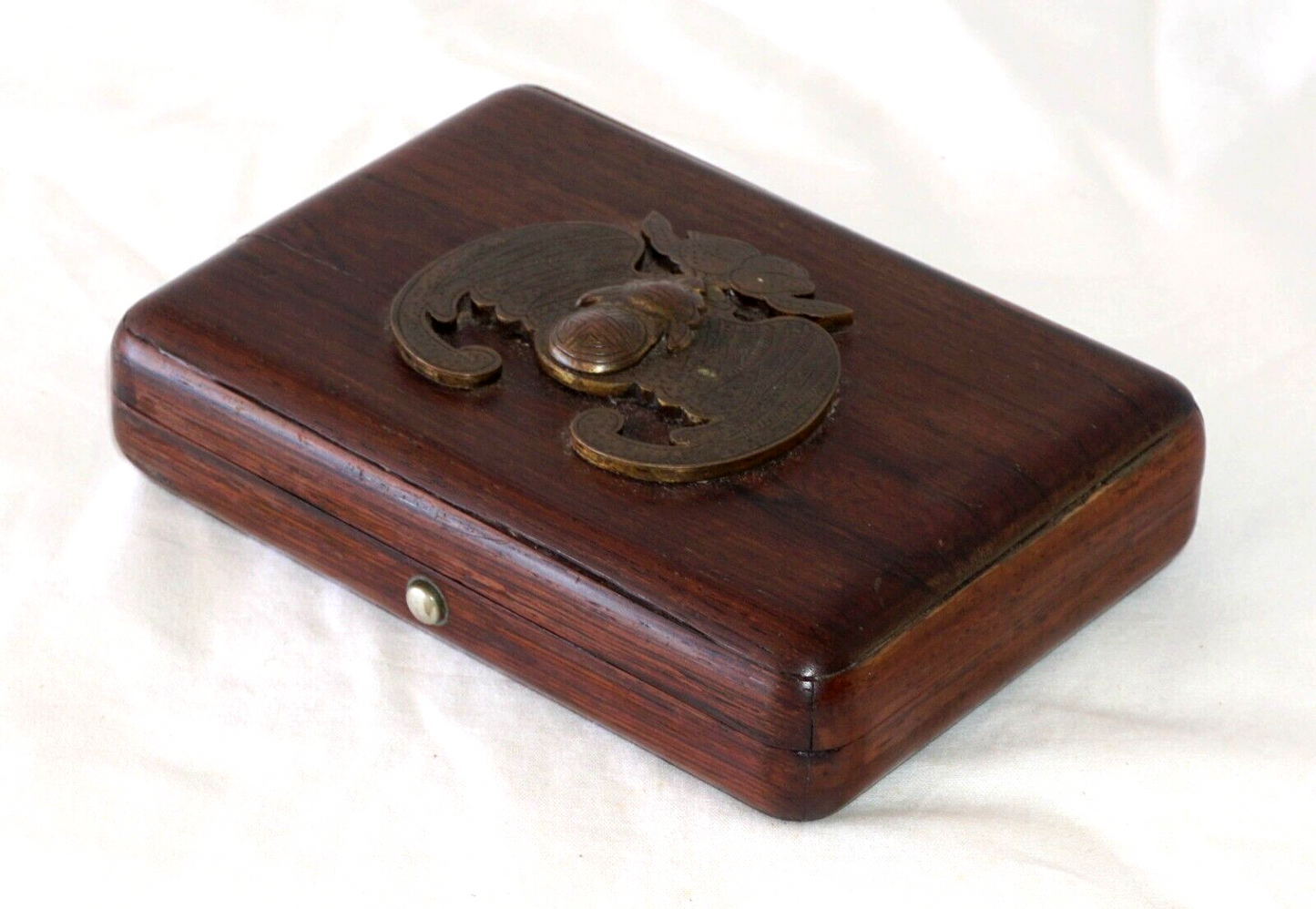 1920s Chinese Hongmu Hinged Top Box w. Bat & Double Peach Relief Plaque (ChB)