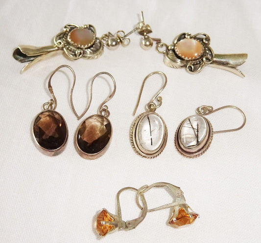 4x Pairs Vintage Silver Alloy Earrings set w Semi Precious Stone Accents(Tra)