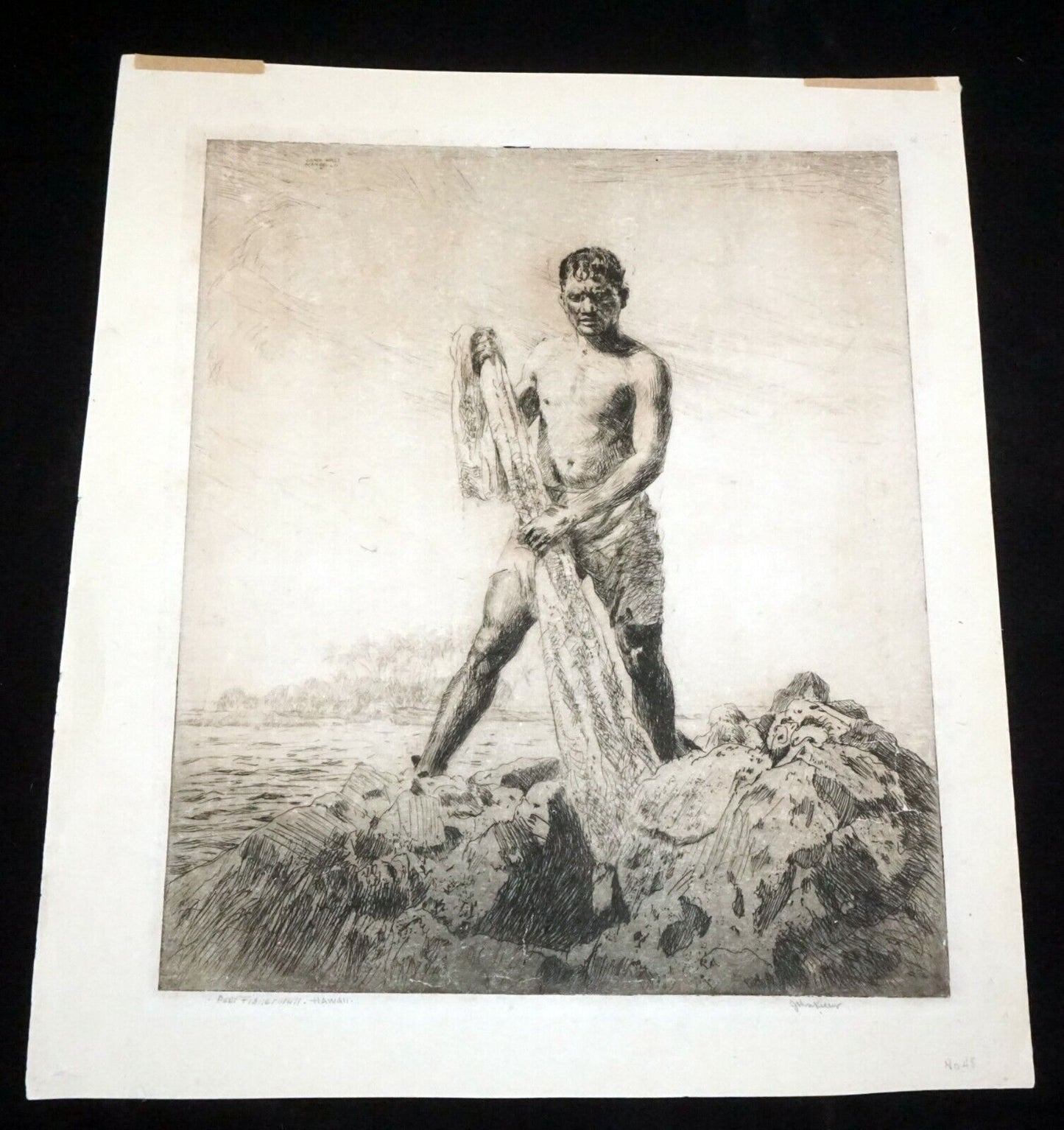 1928 Hawaii Etching Print Reef Fisherman by John Melville Kelly (1879-1962)(Kel)