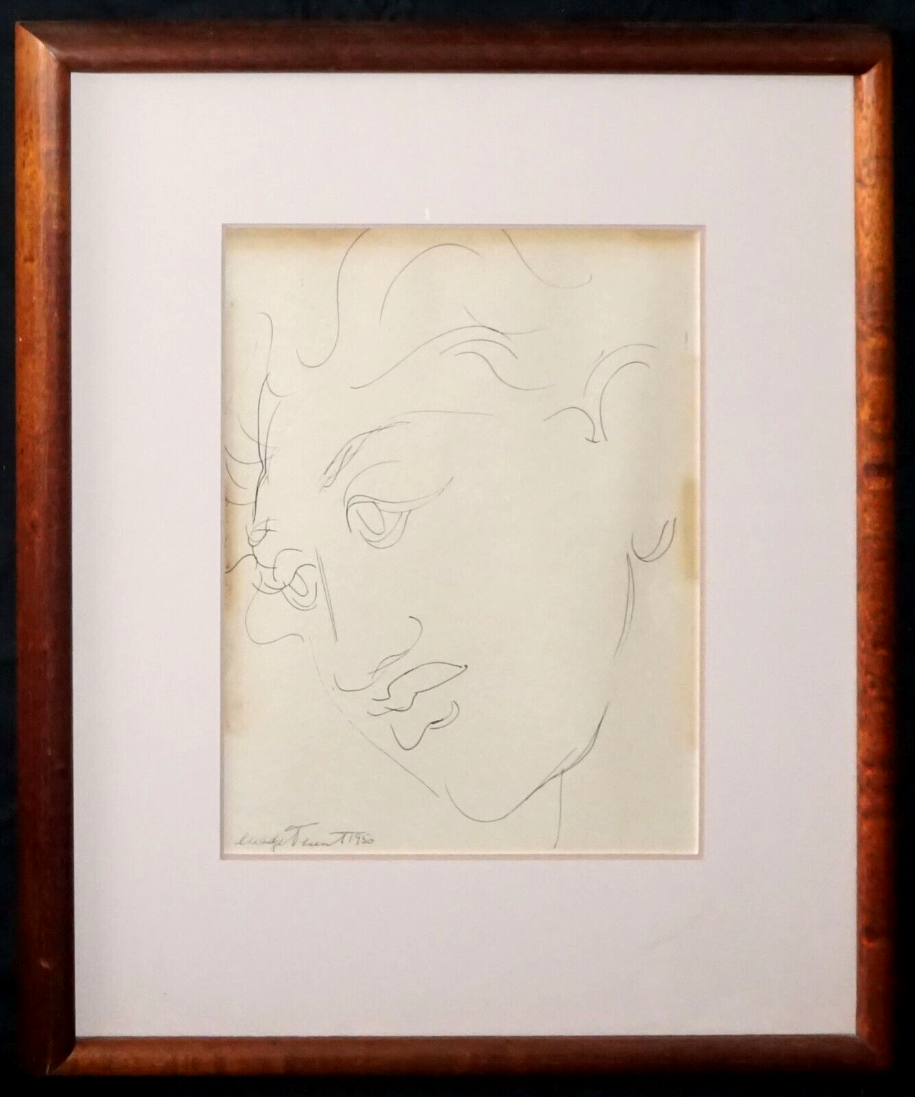 1950 Hawaii Koa Framed Ink Drawing Hawaiian Woman Head by Madge Tennent (PeN)