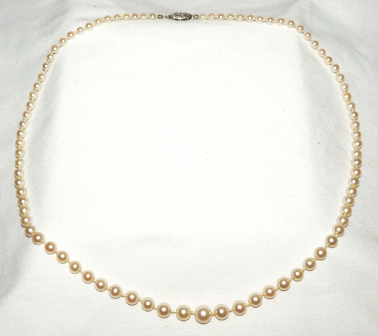 Vintage Graduated Pearl Necklace 23" w. 14k White Gold Filigree Clasp (KoS) L15