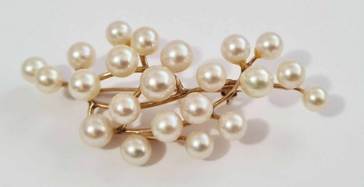 14k Yellow Gold Branch Motif Brooch set w. 24x Pearl Accents (NaD)#7