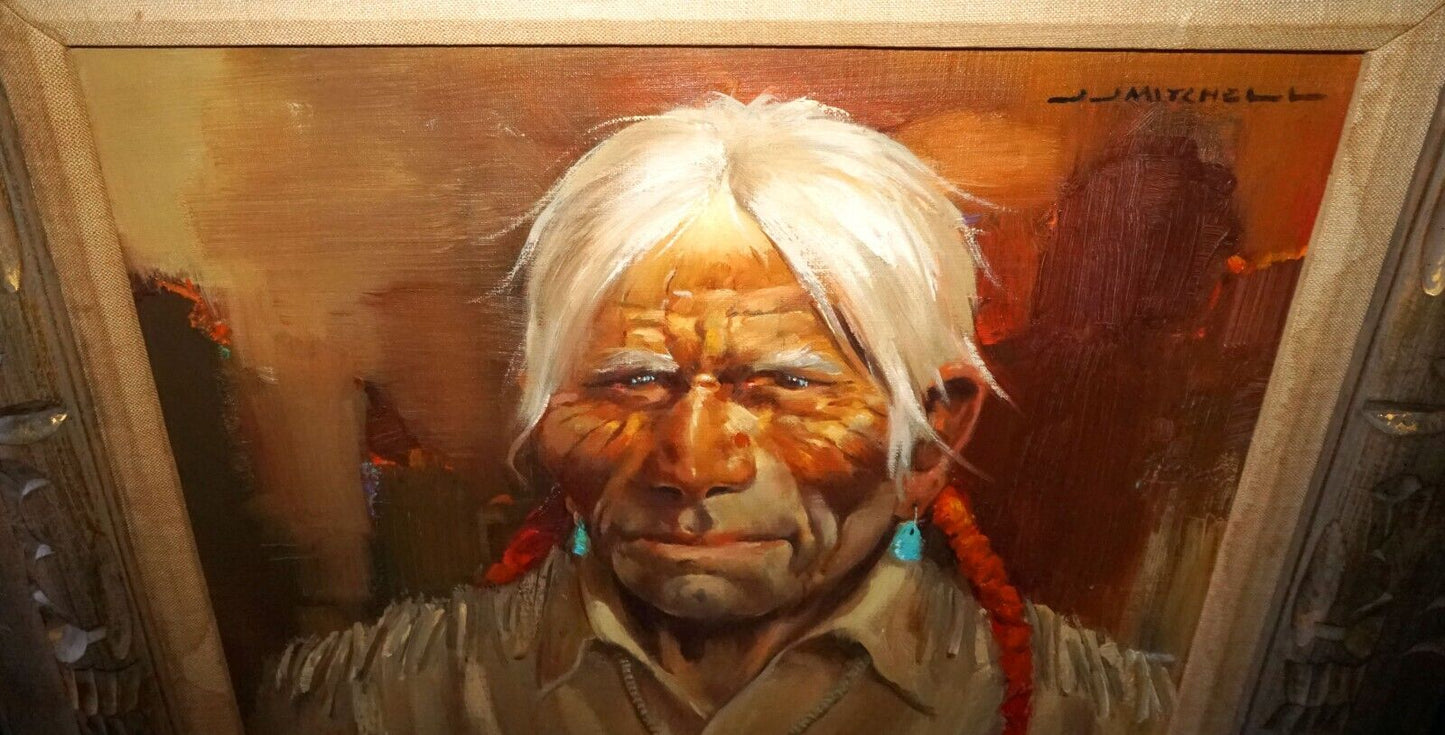 19C American Oil on Canvas- American Indian By J.J. Mitchell (AHB)