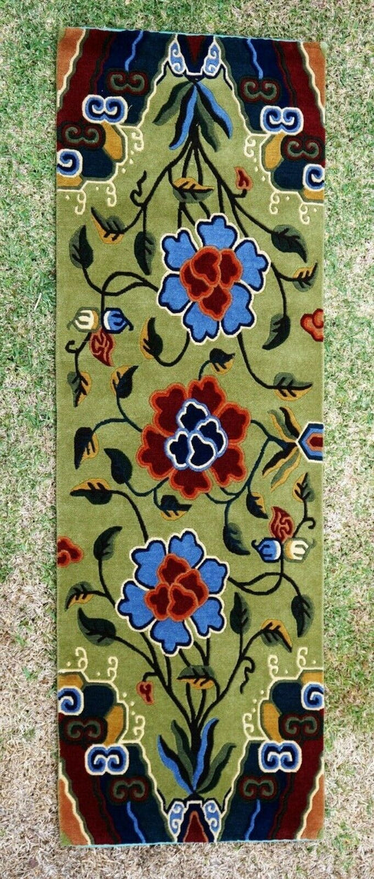 Vintage Tibetan Multi Color Floral Motif Rug 70" x 24" on Green Ground (Sug)