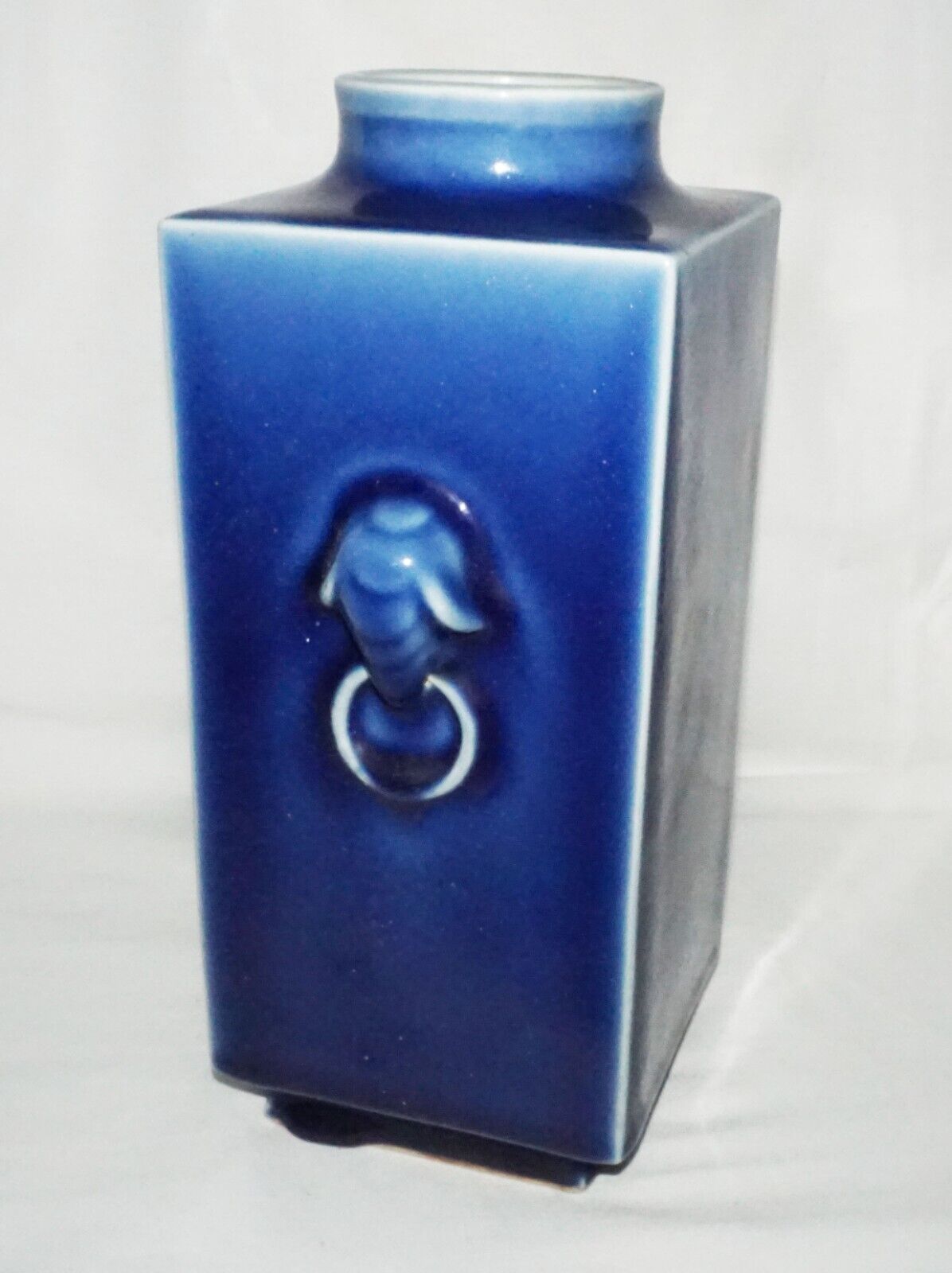 Chinese Blue Glazed Square Cong Form Vase w. Elephant Handles & Reign Mark(LeS)