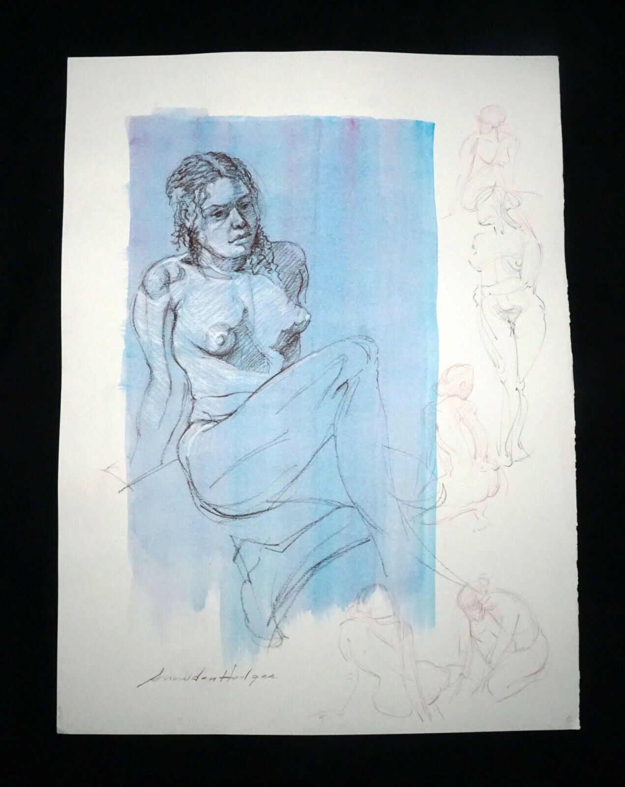 Hawaii Mixed Media Wash Painting Seated Female Nude Snowden Hodges (Sho)#146